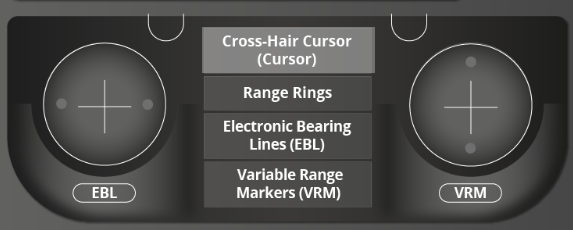 Grafika przedstawia dwa okrągłe pokrętła. Lewe podpisane jest jako EBL, a prawe jako VRM. Pomiędzy nimi znajdują się cztery prostokątne przyciski. Pierwszy to Cross‑Hair Cursor, czyli kursor krzyżowy.
Drugi to Range Rings, czyli stałe kręgi odległości.
Trzeci to EBL, czyli elektroniczna linia namiarowa. 
Czwarty to VRM, czyli zmienny znacznik zakresu.
