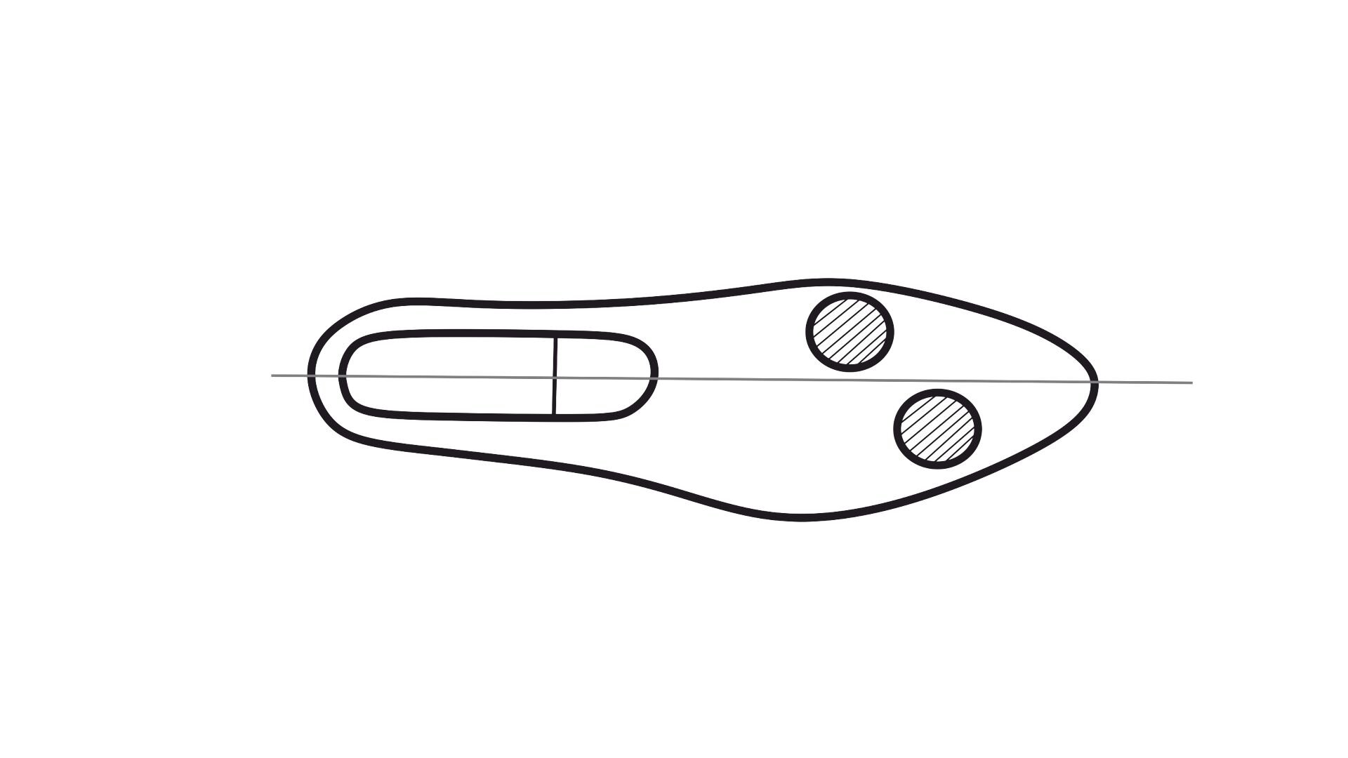Grafika przedstawia schemat formy obuwniczej dostosowanej. Obrys stopy prawej z zaznaczoną osią środkową biegnącą wzdłuż formy. Linia obrysu na wysokości głowy kości śródstopia rozszerza się, po stronie zewnętrznej obrysu rozszerzenie jest większe niż po wewnętrznej, po czym zwęża się ku wydłużonemu czubkowi. Na wysokości głowy kości śródstopia dwa małe, okrągłe pola po dwóch stronach osi.