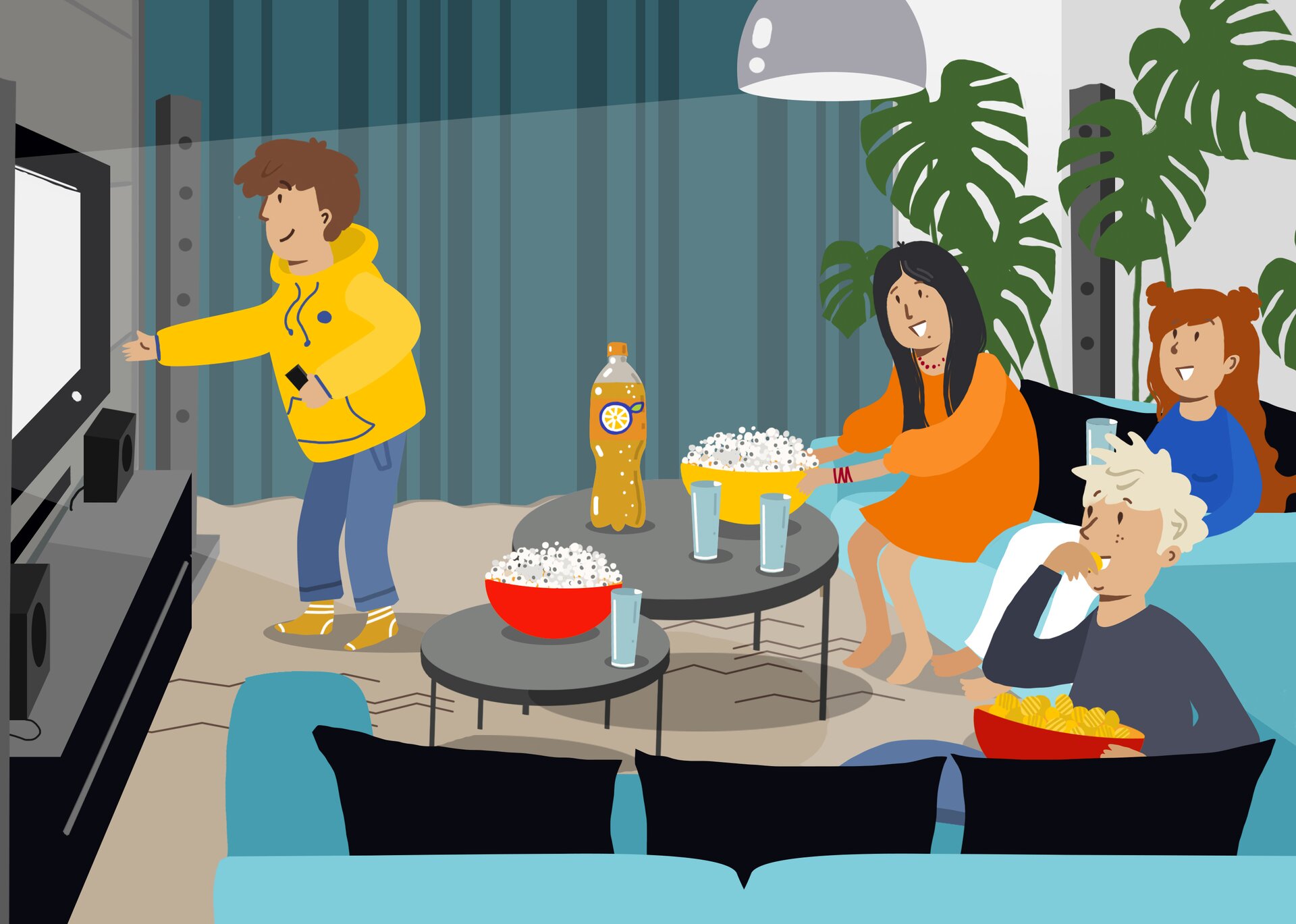 Widoczna jest ilustracja przedstawiająca czworo nastolatków. Znajdują się w pokoju, jeden z chłopców włącza telewizor, drugi siedzi na podłodze z miską chipsów na kolanach. Dwie dziewczyny siedzą na kanapie. Na stolikach widoczne są miski z popcornem, szklanki oraz napój. Ilustracja przedstawia wieczór filmowy.