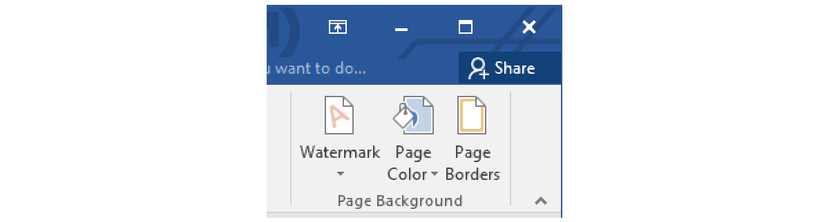 Zrzut z ekranu przedstawia fragment paska narzędzi w MS Word z poleceniami dotyczącymi zmiany tła strony (page background): Watermark, Page Color, Page Borders.