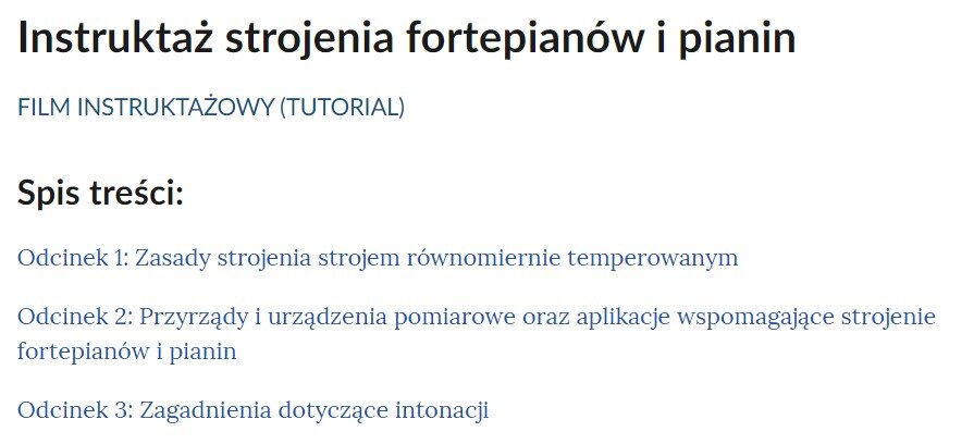 Grafika przedstawia widok spisu treści filmu instruktażowego zatytułowanego Instruktaż strojenia fortepianów i pianin.