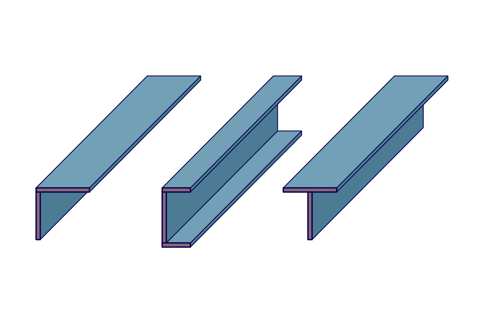 Ilustracja przedstawia trzy podłużnice. Pierwsza z lewej ma przekrój kątownika. Środkowa ma przekrój o kształcie ceownika. Trzecia ma przekrój o kształcie teownika. 