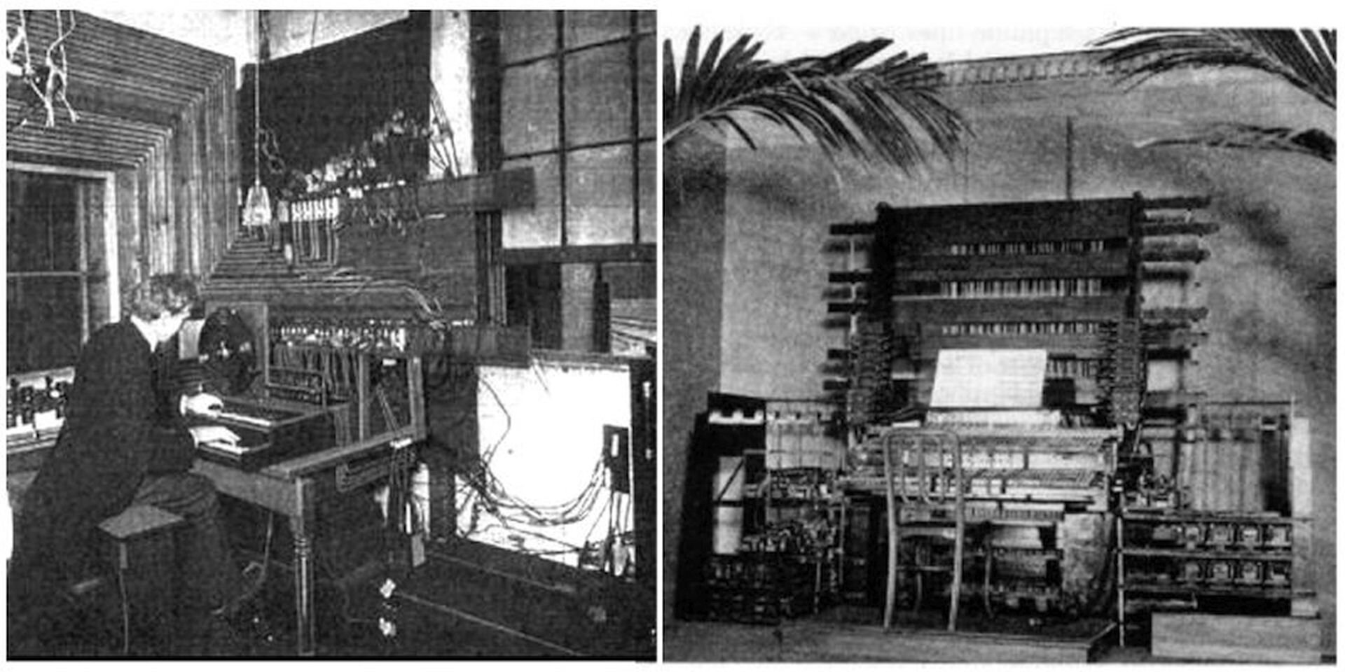 Ilustracja przedstawia telharmonium konsola (prawdopodobnie na zdjęciu pod koniec 1890) instrument muzyczny z grupy elektrofonów elektromechanicznych wynaleziony w 1897 przez Thaddeusa Cahilla. Telharmonium składało się z 145 generatorów prądu zmiennego (dynamo), napędzanych skomplikowanym systemem wałów i przekładni, generujących prąd elektryczny o różnych częstotliwościach. Natężenie prądu generowanego wynosiło około 1 ampera i wystarczało do zasilania niewielkich głośników takiego typu jak stosowane w ówczesnych telefonach. Telharmonium wyposażone było w dynamiczną klawiaturę obejmującą siedem oktaw. Instrument ważył 200 ton. Dzięki telharmonium mogły odbywać się występy na żywo.