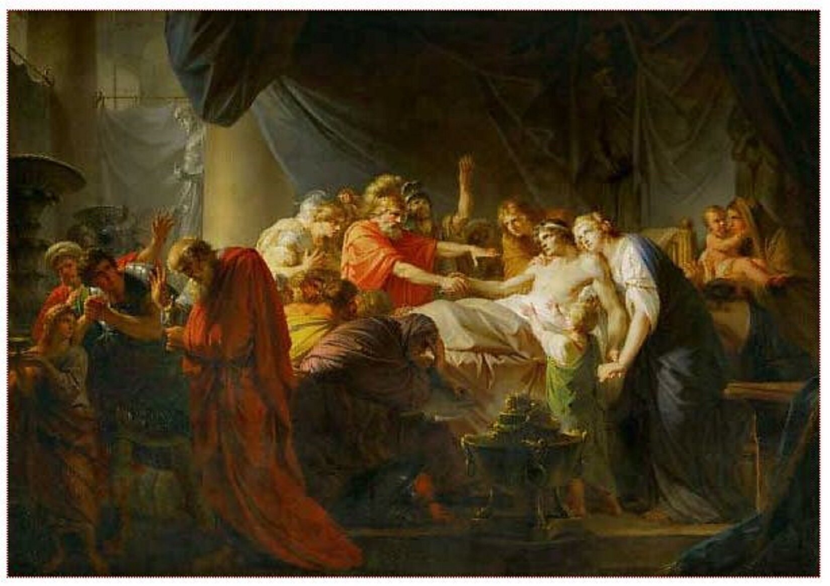 Ilustracja przedstawia obraz „Śmierć Germanika”, którego autorem jest Heinrich Füger. Na obrazie znajduje się ciemne pomieszczenie z jasnymi kolumnami. Na środku jest łoże, na którym leży mężczyzna przykryty białym materiałem. Dookoła niego jest tłum ludzi w kolorowych szatach.  