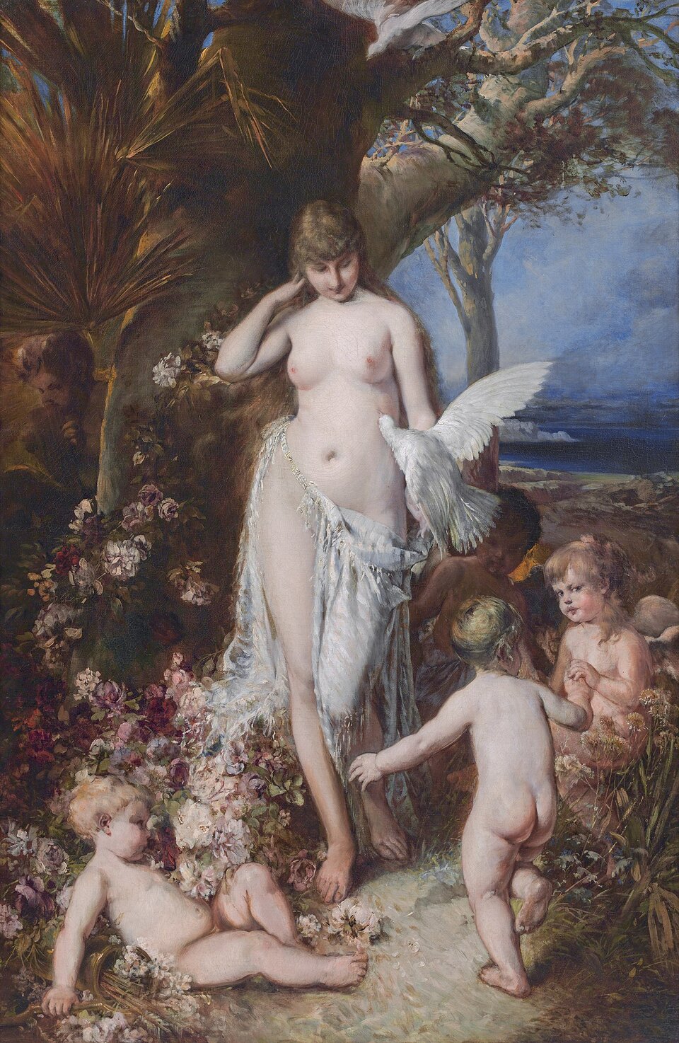 Obraz  przedstawia ścieżkę prowadzącą nad morze. Stoi na niej półnaga kobieta i czworo nagich dzieci. Kobieta ma długie włosy opadające na plecy. Pochyla głowę. Ma okrągłą twarz o łagodnym wyrazie. Ma dość duży nos i małe usta. Unosząc prawą rękę, poprawia włosy. Na jej lewej dłoni przysiadł gołąb. Ptak ma rozpięte skrzydła. Unosi głowę i patrzy na kobietę. Biodra kobiety są okryte połyskującą materią. Szal obszyty jest frędzlami. Dzieci są pulchne. Biegają lub tańczą. Po obu stronach ścieżki kwitną gęsto kwiaty. Za kobietą rośnie okazałe drzewo. Po prawej stronie ukazany jest kawałek plaży i morza.