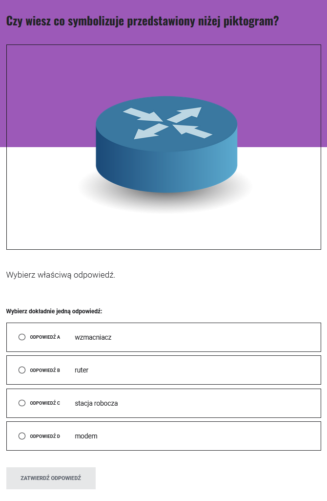 Ilustracja przedstawia przykładowy widok gry. Widoczne jest polecenie z obrazkiem oraz cztery prostokątne paski, na których zamieszczono odpowiedzi. Na dole znajduje się przycisk: Zatwierdź odpowiedź.