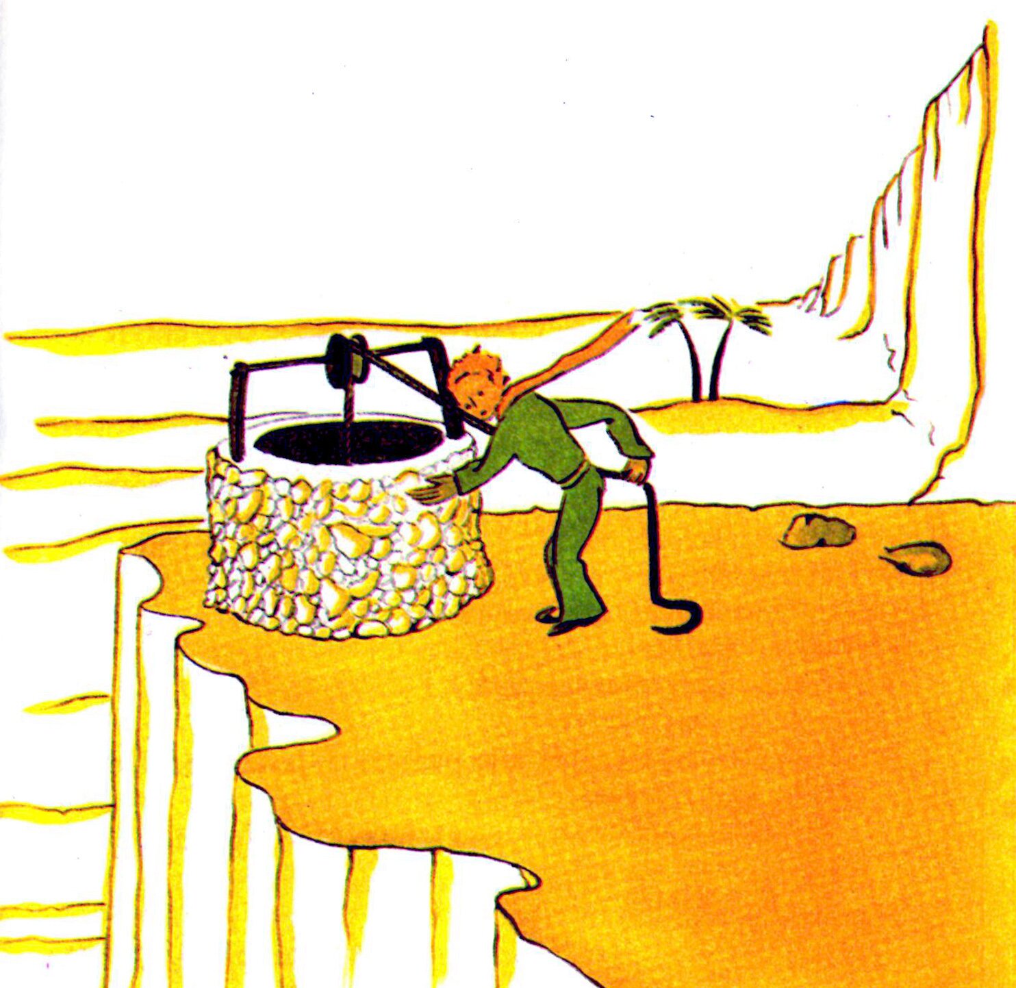 Na ilustracji znajduje się chłopiec w zielonym stroju, który pochyla się przy kamiennej studni. Ciągnie za linę. Wokół pustynia. W oddali po prawej stronie znajdują się dwie palmy i ściana skalna. Tło jest białe.