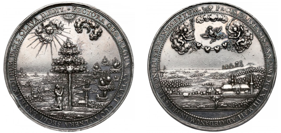 Na rysunku znajduje się medal. Na awersie widoczny jest budynek klasztoru oliwskiego, znajdujący się wśród wzgórz i drzew. Nad budynkiem, na niebie, wśród chmur zamieszczono anioły, które trzymają łańcuch czterech serc. Pomiędzy aniołami znajduje się gołębica, która trzyma w dziobie gałązkę oliwną. Wokół krawędzi awersu zamieszczono inskrypcję w języku łacińskim. Na rewersie znajduje się drzewo oliwne. Pod drzewem widoczna jest klęczącą postać. W tle widoczne są statki na morzu. Wokół krawędzi rewersu zamieszczono inskrypcję w języku łacińskim.