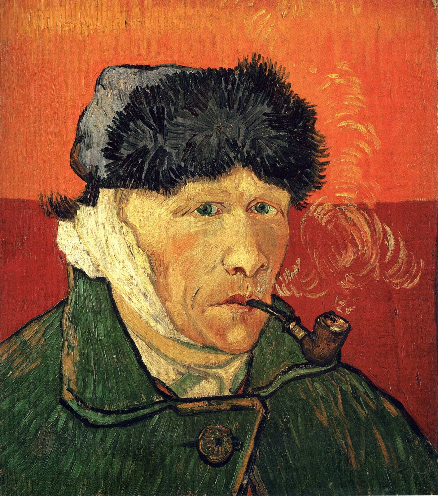Obraz przedstawia autoportret Vincenta van Gogha. Mężczyzna ma na głowie szarą czapkę z kożuchem z przodu. Ma zabandażowane prawe ucho. Ma zielone oczy, duży i lekko zakrzywiony nos. W ustach trzyma brązową fajkę, z której wydostaje się biały dym. Ubrany jest w zielony płaszcz. Mężczyzna ukazany jest od ramion w górę. Tło podzielone jest na dwa kolory: dolna część obrazu, sięgająca do ucha mężczyzny, jest w kolorze czerwonym. Górna część obrazu jest pomarańczowa.