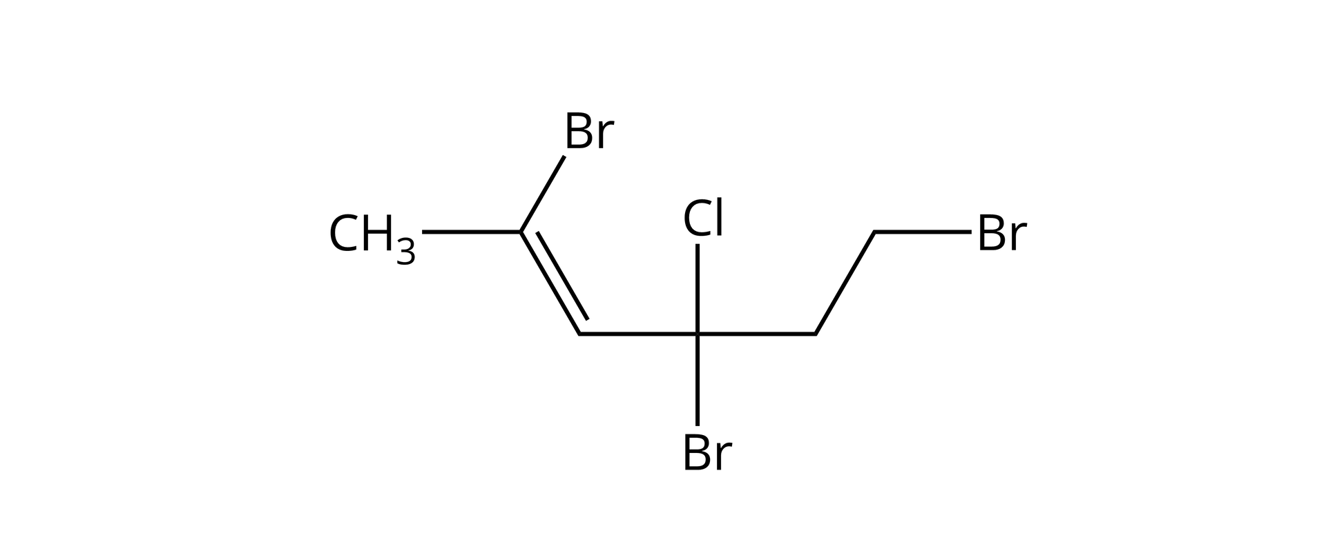 Ilustracja przedstawiająca związek o strukturze zbudowanej z grupy CH3 połączonej z atomem węgla podstawionym atomem bromu oraz połączonym za pomocą wiązania podwójnego z grupą CH związaną z atomem węgla podstawionym atomem bromu oraz chloru oraz związanym z grupą CH2, która to łączy się z kolejną grupą CH2 podstawioną atomem bromu.