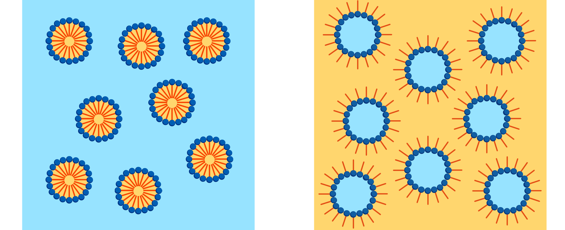 Na ilustracji pierwszej są kuleczki na niebieskim tle. Kulki składają się z ogonków skierowanych do wewnątrz i kuleczek, tworzących otoczkę kulki. Na drugiej ilustracji kulki na żółtym tle. Kulki mają niebieskie środki, ogonki są skierowane na zewnątrz.    