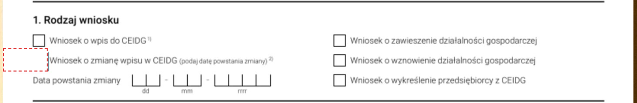 Grafika przedstawia fragment przykładowej dokumentacji z aktywnym ćwiczeniem (zaznaczonym czerwoną ramką). Na górze znajduje się nagłówek pierwszego segmentu wybranego dokumentu interaktywnego: Rodzaj wniosku. Poniżej umieszczono nazwy różnych rodzajów wniosków. Przy każdej z nich dodatkowo znajdują się ikony w postaci kwadratów z białym wypełnieniem i czarnym obramowaniem. Jedna z ikon zastąpiona została białym polem w kształcie prostokąta, otoczonym czerwoną ramką. 