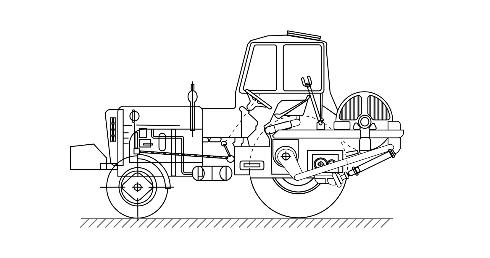 Na zdjęciu przedstawiony został schemat windy obróbczej typu WEU zainstalowanej na podstawie ciągnika rolniczego typu Ursus. Winda przypomina ciągnik rolniczy. Z przodu ciągnika są mniejsze koła w porównaniu z tylnimi. Tylne koło znajduje się pod kabiną kierowcy. Za kabiną kierowcy znajduje się okrągły bęben na linę. Tuż przed ciągnikiem widać ścięty prostokąt przyczepiony do zderzaka. Przednia część składa się z zaokrąglonego trapezu. W jego górnej części znajduje się osiem małym kwadracików. W przedniej części ciągnika widać silnik. Dodatkowo znajdują się tam połączenia przednich kół z kierownicą.  Widoczne rurki prowadzą do małego zbiornika w kształcie butli. Zbiornik znajduje się pod pojazdem. W kabinie kierowcy znajduje się kierownica, miejsce do siedzenia oraz dźwignia. Na wysokości dużego koła pod kabiną widać dwa ramiona hydrauliczne. Ramiona połączone są z tylną częścią, tuż pod bębnem. Pomiędzy ramionami, a bębnem znajduje się prostokątny element z okręgami. 