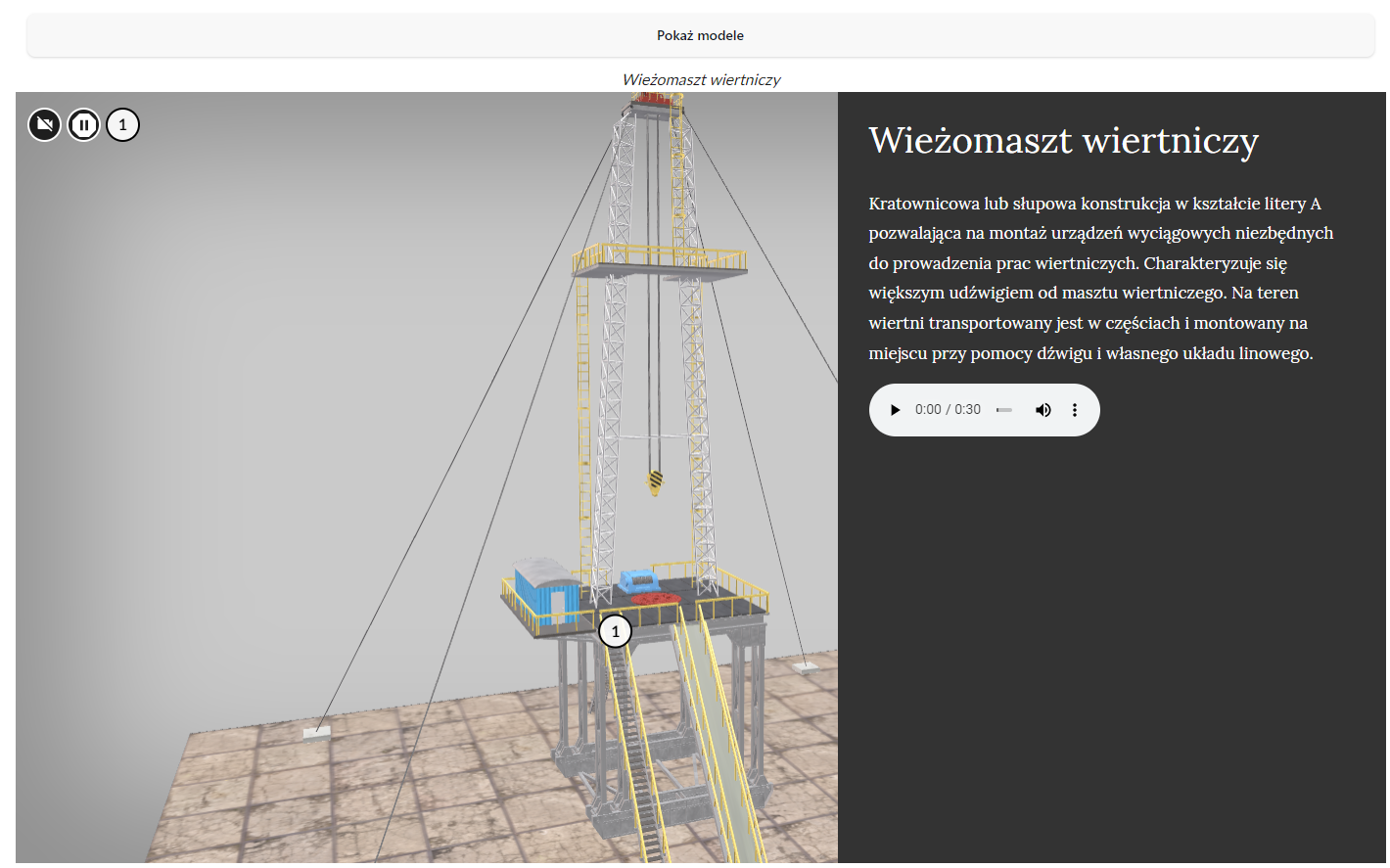 Zdjęcie przedstawia przykładowy wygląd modelu 3D z przyciskiem menu "Pokaż modele", przyciskami znaczników i panelem z opisem w formie tekstowej i audio dostępnym po kliknięciu znacznika na planszy.