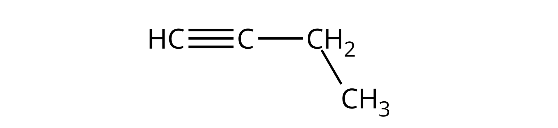 Ilustracja przedstawia cząsteczkę but-1-ynu. Budowa: atom wodoru H połączony z atomem węgla C tworzącym wiązanie potrójne z kolejnym atomem węgla, połączonym wiązaniem pojedynczym z grupą metylenową CH2 związaną z grupą CH3.