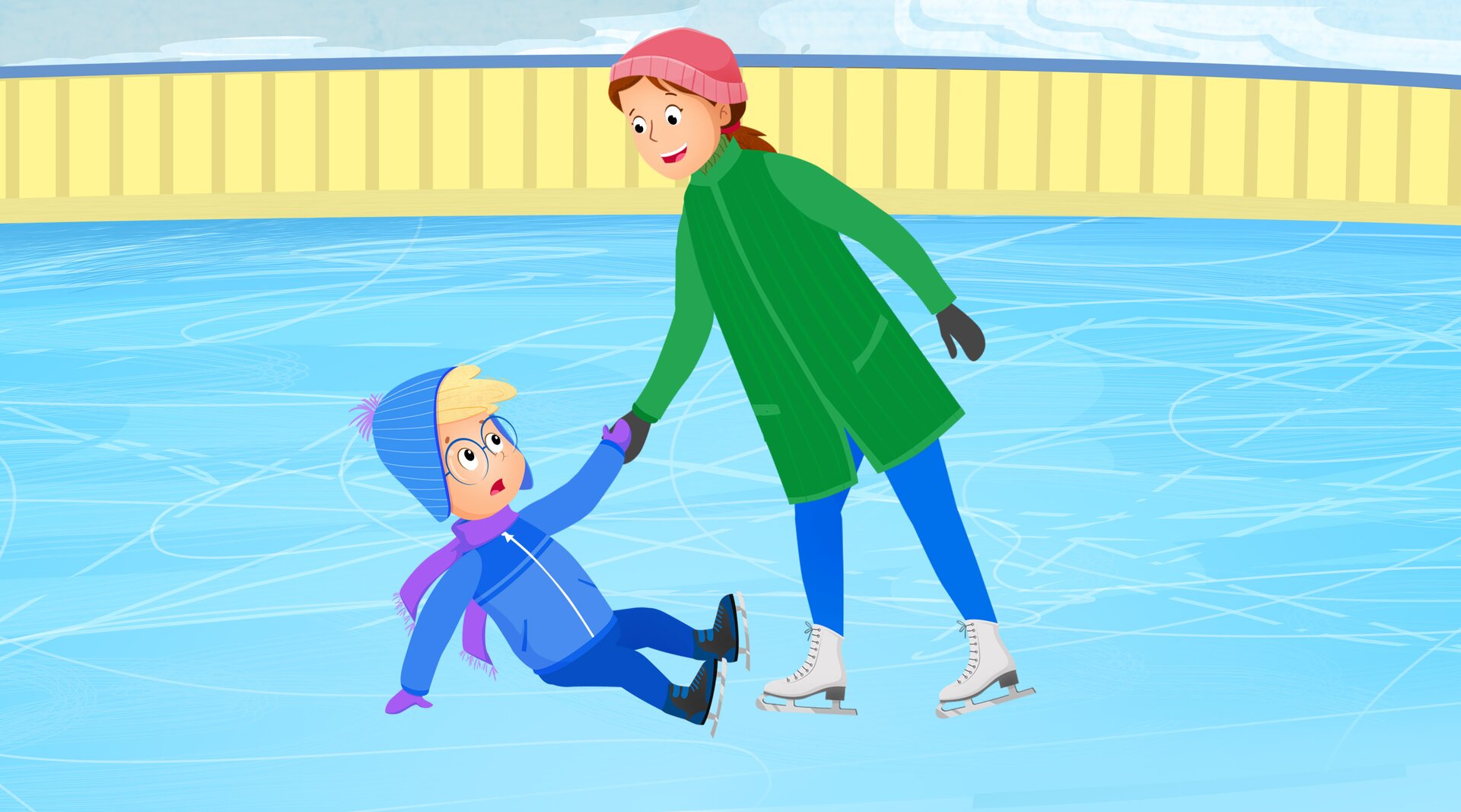 Na ilustracji znajduje się mama pomagająca wstać dziecku, które przewróciło się na lodowisku.