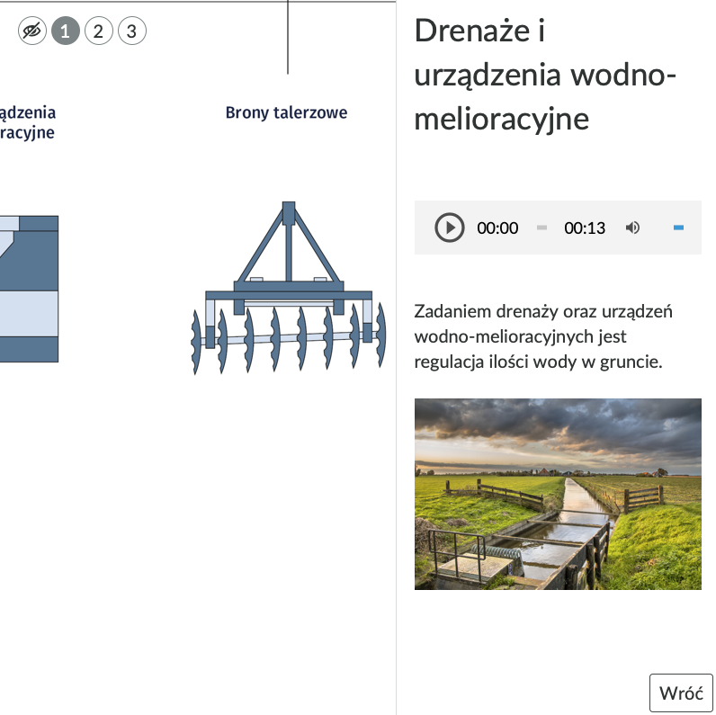 Grafika przedstawia ilustrację interaktywną pod tytułem Źródła ochrony gleb oraz metod ochrony gleb przed degradacją przedstawia schemat Maszyny i urządzenia wykorzystywane do rekultywacji gleb. Na ekranie wyświetlony jest pierwszy interaktywny punkt z treścią dotyczącą Drenaży i urządzeń wodno‑melioracyjnych. 