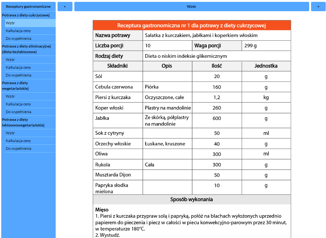 Grafika przedstawia przykładowy widok dokumentacji interaktywnej zatytułowanej Receptury gastronomiczne i kalkulacja wyceny wybranej diety w żywieniu dietetycznym