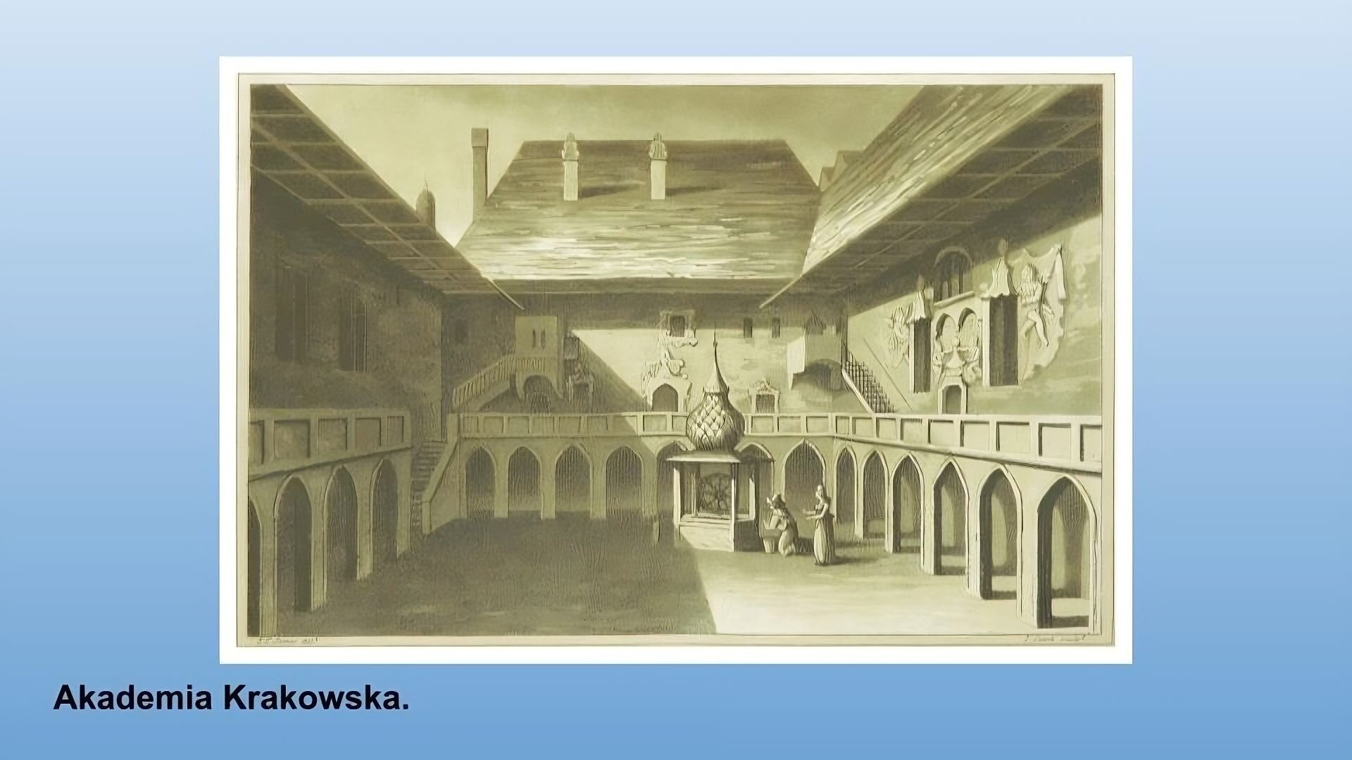 Niebieskie tło. Grafika podpisana jako Akademia Krakowska. Dziedziniec otoczony kolumnadą z łukami podtrzymującą ganek. Po lewej stronie widać schody prowadzące na ganek. Na prawej stronie widnieją rzeźbienia, na lewej okna. Na przedniej ścianie widać małe schodki oraz okna. Przednia jak i lewa część budynku przykryta wysokim, spiczastym dachem. Na dziedzińcu stoi studnia przykryta daszkiem zwieńczonym cebulową kopułą. Koło studni stoją dwie kobiety. 