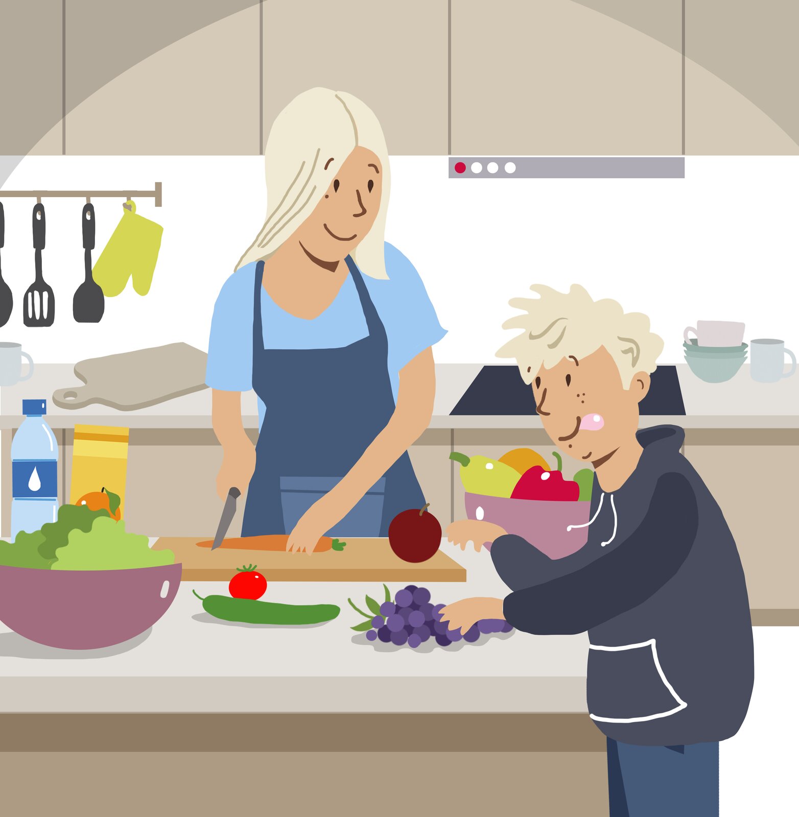 Ilustracja przedstawia wnętrze kuchni, gdzie kobieta w fartuchu przygotowuje posiłek, krojąc warzywa. Obok niej stoi chłopiec, sięgający po owoce. 