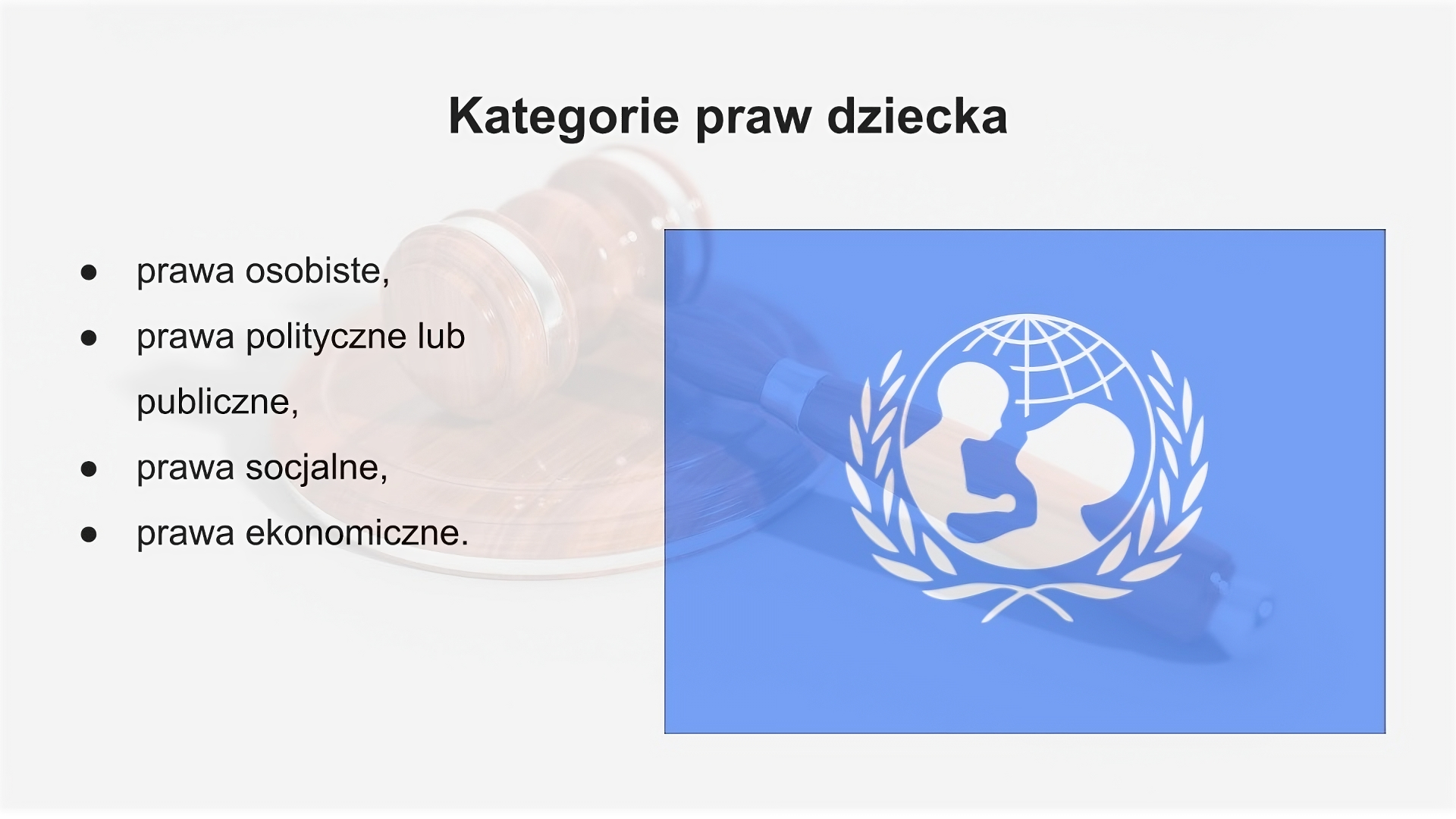 Slajd zatytułowany: Kategorie praw dziecka. Zawartość tekstowa slajdu: prawa osobiste, prawa polityczne lub publiczne, prawa socjalne, prawa ekonomiczne. Po prawej stronie slajdu umieszczona została ilustracja przedstawiająca logo UNICEF. Widoczne są na nim dwie postacie w centrum na błękitnym tle, najprawdopodobniej rodzic i dziecko, Zamknięte się one w kuli ziemskiej, pod którą znajdują się dwie oliwne gałązki.