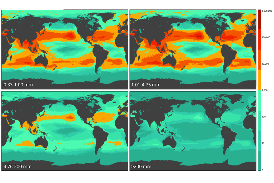 Ilustracja przedstawia cztery mapy. Przedstawiają one liczbę odpadów. Odpady od 0,33 do 1 milimetra występują na niemal całym Oceanie Indyjskim, w pasie obejmującym południową Afrykę, Australię, środkową Amerykę Południową, w pasie obejmującym środkową Azję i Amerykę Północną. Ich liczba wynosi od 1000 do 1000000. Na pozostałych terenach jest to poniżej 1000. Odpady od 1,01 do 4,75 milimetra występują na niemal całym Oceanie Indyjskim, w pasie obejmującym południową Afrykę, Australię, środkową Amerykę Południową, w pasie obejmującym środkową Azję i Amerykę Północną. Ich liczba wynosi od 1000 do 1000000. Na pozostałych terenach jest to poniżej 1000. Odpady od 4,76 do 200 milimetrów występują na zachód od Australii, w okolicach Indii, Malezji, Indonezji, w wąskim pasie obejmującym środkową Azję i Amerykę Północną. W małych ilościach po obu stronach Ameryki Południowej. Ich liczba wynosi od 1000 do 1000000. Na pozostałych terenach jest to poniżej 1000. Odpady powyżej 200 milimetrów w większych ilościach niż 1000 występują tylko przy wybrzeżu Chin.