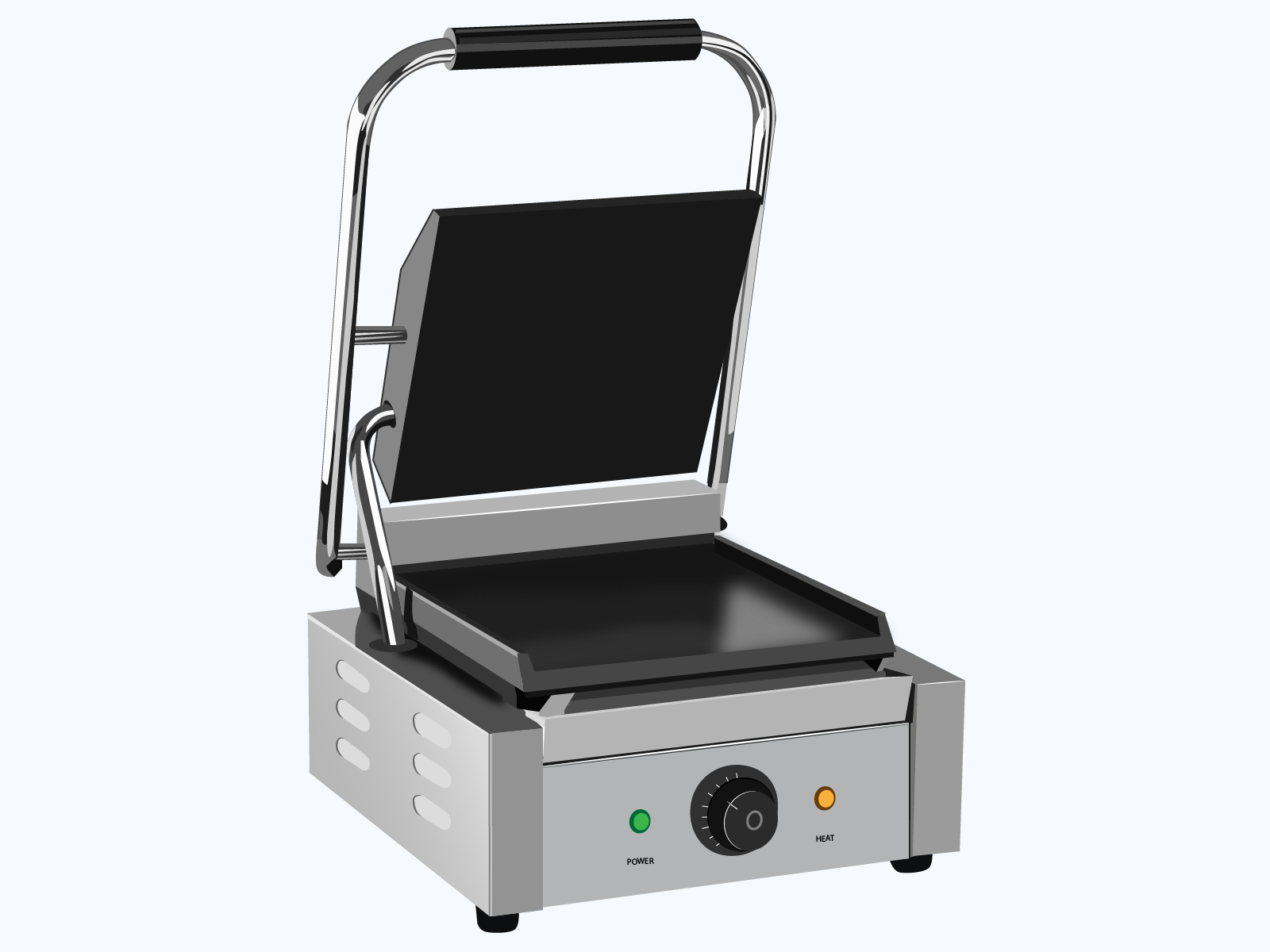  Ilustracja przedstawia ustawiony na ciemnych nóżkach opiekacz. Obudowa urządzenia wykonana ze stali nierdzewnej. Na froncie urządzenia zamontowano pokrętło do regulacji temperatury. Po bokach pokrętła dwie lampki: po lewej zielona po prawej żółta. Po boku urządzenia znajduje się sześć otworów wentylacyjnych. Powyżej znajduje się blat do opiekania. Nad nim ruchoma pokrywa opiekacza do której zamontowano czarny uchwyt. 