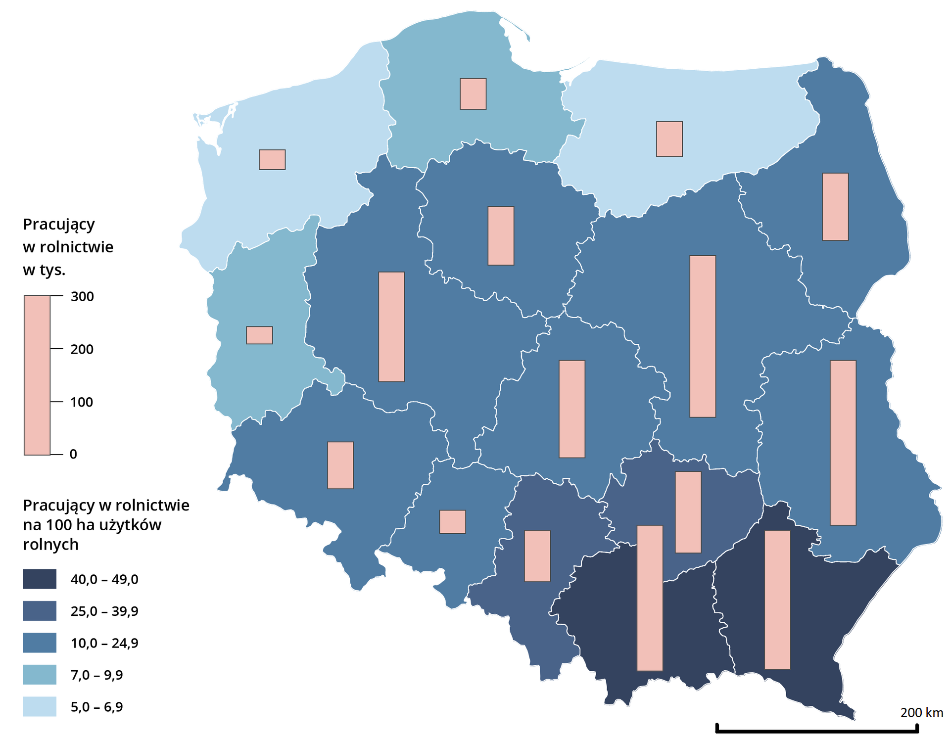 Mapa polski przedstawia pracujących w rolnictwie. W województwach podkarpackim i małopolskim liczba pracujących w rolnictwie na 100 hektarów użytków rolnych wyniosła od 40 do 48. Liczba pracujących w każdym z tych województw wyniosła około 300 tysięcy. W województwie świętokrzyskim liczba pracujących w rolnictwie na 100 hektarów użytków rolnych wyniosła od 25 do 39,9. Liczba pracujących w rolnictwie wyniosła ponad 100 tysięcy. W województwie śląskim liczba pracujących w rolnictwie na 100 hektarów użytków rolnych wyniosła od 25 do 39,9. Liczba pracujących w rolnictwie wyniosła około 100 tysięcy. W województwach opolskim, dolnośląskim, wielkopolskim, łódzkim, kujawsko pomorskim, mazowieckim, lubelskim oraz podlaskim liczba pracujących w rolnictwie na 100 hektarów użytków rolnych wyniosła od 10 do 24,9. W województwie opolskim liczba pracujących w rolnictwie wyniosła około 25 tysięcy, w dolnośląskim poniżej 100 tysięcy, w wielkopolskim około 200 tysięcy, w kujawsko pomorskim około 100 tysięcy, w łódzkim ponad 100 tysięcy, w mazowieckim około 300 tysięcy, w lubelskim około 300 tysięcy, w podlaskim około 100 tysięcy. W województwie lubuskim oraz pomorskim liczba pracujących w rolnictwie na 100 hektarów użytków rolnych wyniosła od 7 do 9,9. W województwie lubuskim liczba pracujących w rolnictwie wyniosła poniżej 25 tysięcy a w pomorskim około 50 tysięcy. W województwie zachodniopomorskim oraz warmińsko mazurskim liczba pracujących w rolnictwie na 100 hektarów użytków rolnych wyniosła od 5 do 6,9. W województwie zachodniopomorskim liczba pracujących w rolnictwie wyniosła około 25 tysięcy w warmińsko mazurskim około 50 tysięcy.