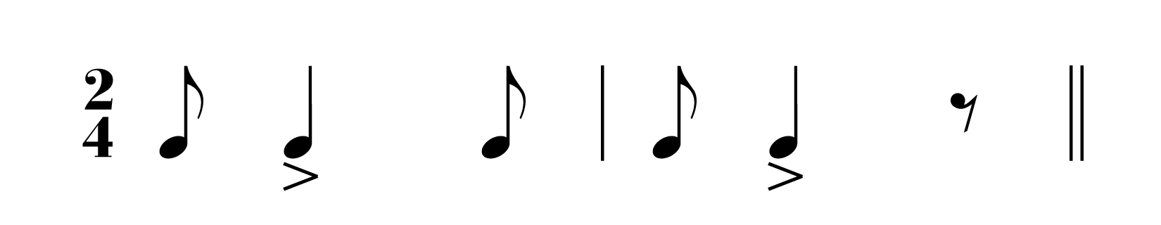 Grafika przedstawia Zapis rytmu synkopowego. Pierwszy takt rozpoczyna się od pojedynczej ósemki, następnie następuje zaakcentowana ćwierćnuta (przesunięcie akcentu tworzy synkopę). Pierwszy takt kończy się ósemką. W drugim takcie rytm jest powtarzany, jednak zamiast ostatniej (trzeciej) nuty (ósemki) pojawia się pauza ósemkowa.