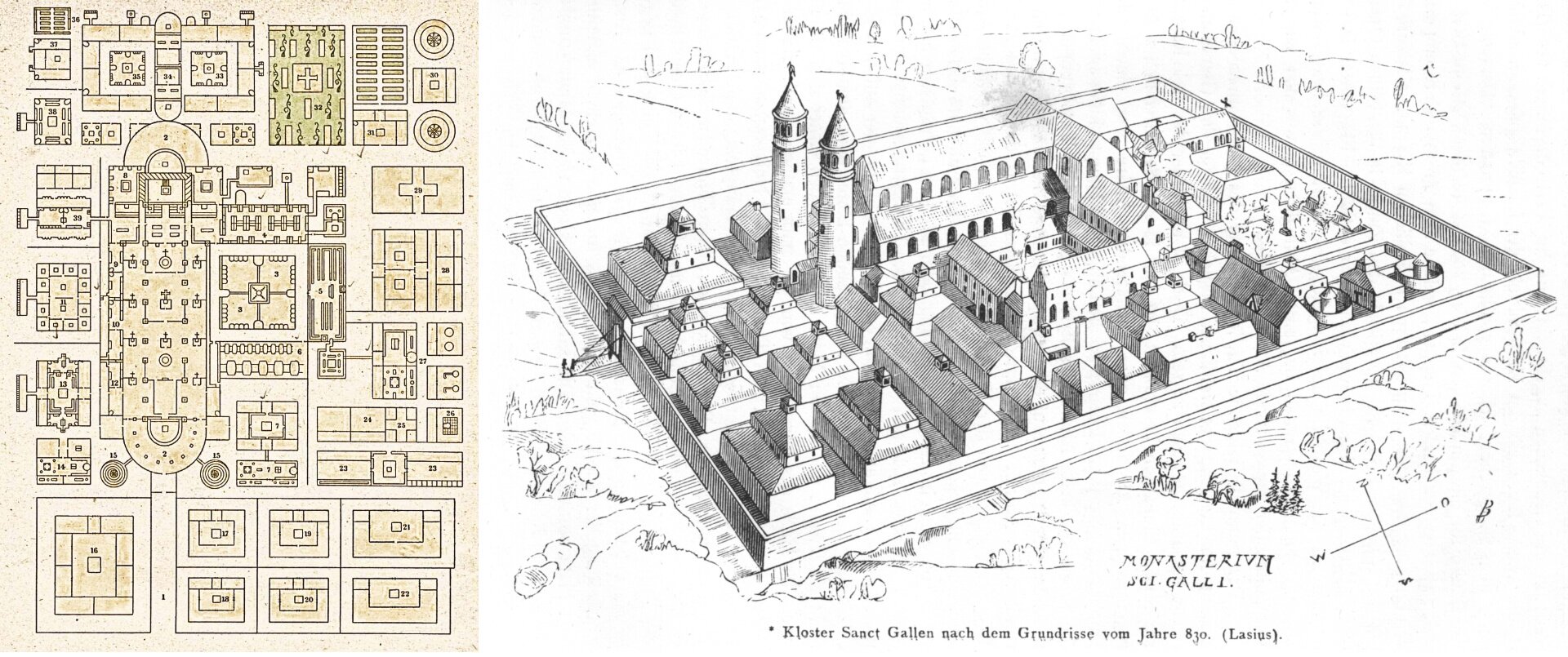 Ilustracja przedstawia widok na plan i rekonstrukcję klasztoru Sankt Gallen
. Ilustracja składa się z dwóch części. Z lewej strony zaprezentowany został plan kościoła zawierający układ poszczególnych zabudowań i pomieszczeń. Ma on kształt pionowego prostokąta.  Z prawej strony ukazany został widok na zrekonstruowany klasztor Sankt Gallen – przy murze  po lewej stronie  ilustracji znajduje się duży, dwukondygnacyjny kościół wyposażony w dwie wysokie strzeliste wieże, tuż obok po prawej oraz lewej stronie można zauważyć pomieszczenia mieszkalne i gospodarskie. Zabudowania w klasztorze zostały umieszczone blisko murów.