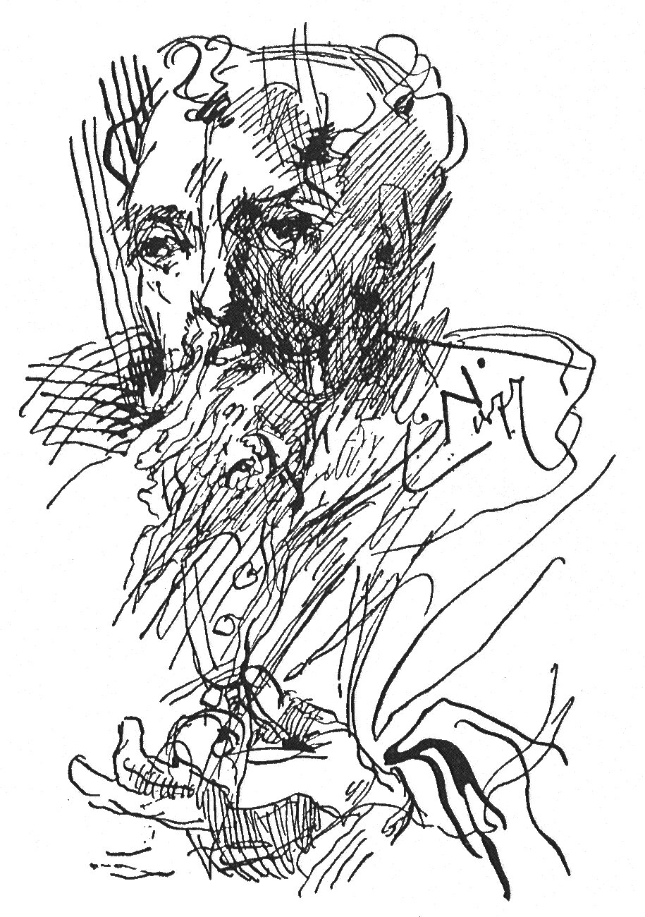 Ilustracja przedstawia portret starszego mężczyzny. Jest łysiejący, ma długą, gęstą brodę, ubrany jest w surdut. Dotyka ręką guzik swojego stroju. Twarz mężczyzny jest częściowo porysowana kreskami.