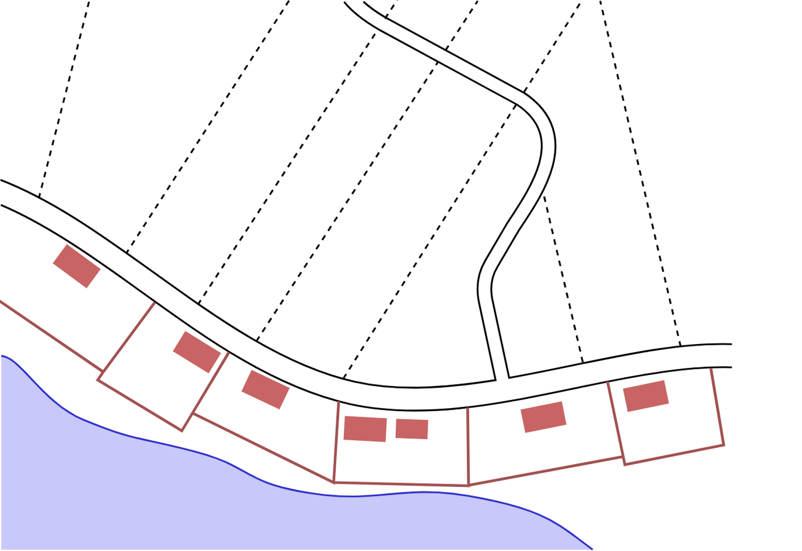Rzędówka - układ wsi charakteryzujący się luźną zabudową wzdłuż drogi po stronie rzeki i usytuowanymi prostopadle do drogi szerokimi pasami pól, biegnącymi po jej drugiej stronie