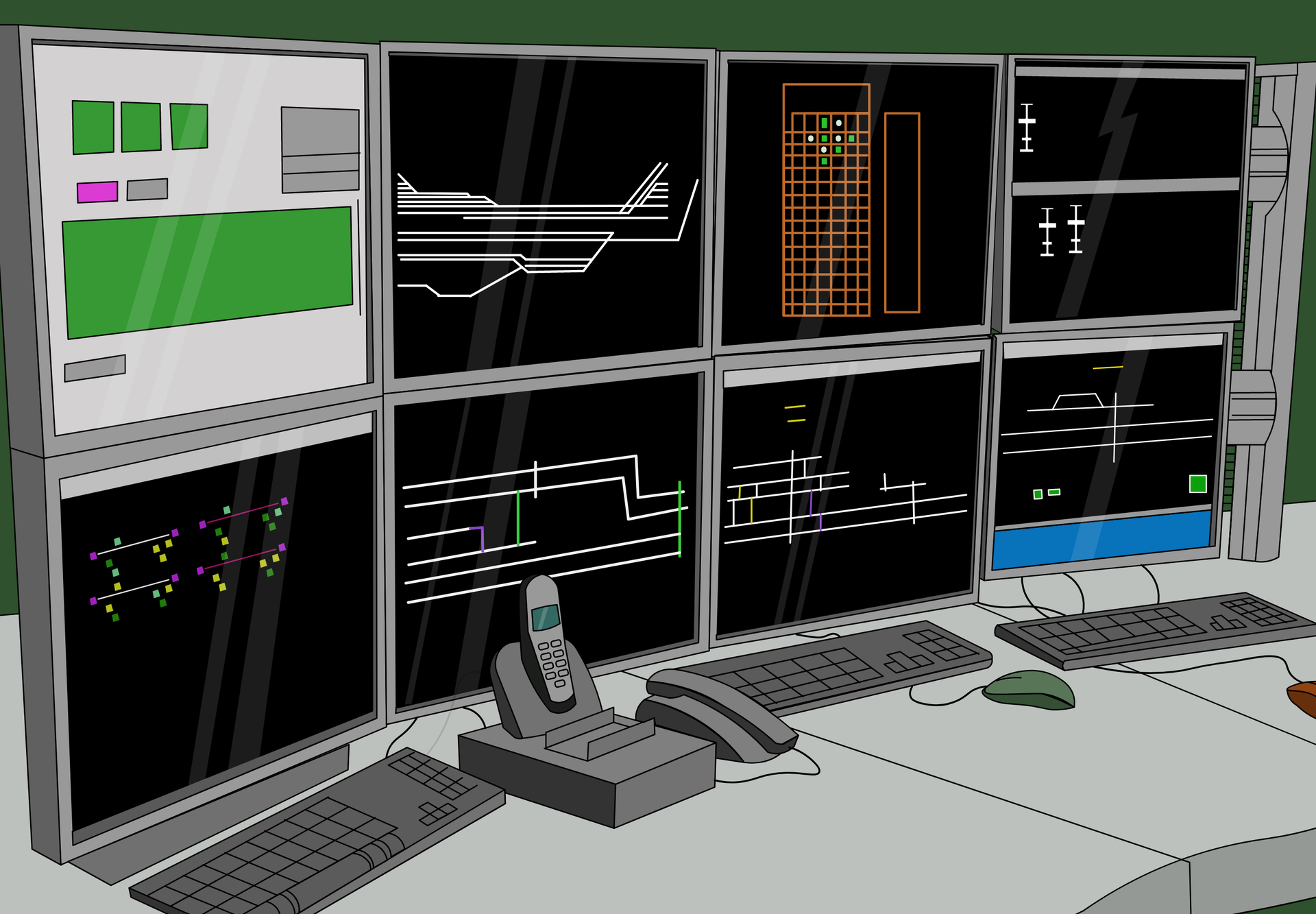 Ilustracja przedstawia stanowisko pracy dyżurnego ruchu. Widoczne jest tu osiem ekranów, trzy klawiatury, myszki oraz dwa telefony. Na jednym z monitorów wyświetla się dokument tekstowy, na pozostałych widoczne są rysunki techniczne przedstawiające poszczególne fragmenty planu torowiska.