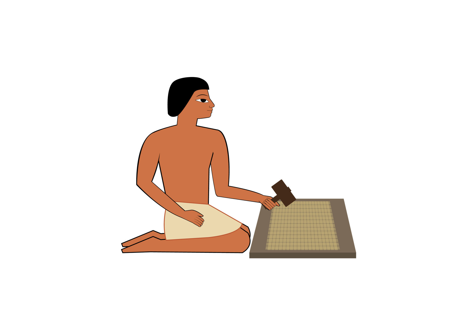 Na ilustracji jest Egipcjanin jest ubrany jest w szendit, czyli białą, sięgającą kolan, spódnicę, klęczy na kolanach. W lewej ręce trzyma młotek. Przed nim leży prostokątny kawałek drewna, na którym leży papirus.