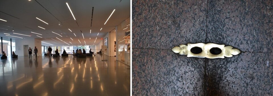 Ilustracja przedstawia dwie fotografie ułożone obok siebie, tej samej wielkości. Na fotografii z lewej  znajduje się wnętrze, prawdopodobnie hol muzealny, w którym siedzą ludzie. Przestrzeń jest dużo i nowocześnie oświetlona: na całym suficie jest wiele lamp w kształcie długich linii ułożonych w dość regularnych odstępach. Dają bardzo rozmyte odbicia na błyszczącej posadzce. Na fotografii z prawej strony znajduje się jeden element sfotografowany z góry: jest to błyszczący otwór w marmurowej posadzce. Jest oświetlony równomiernie.