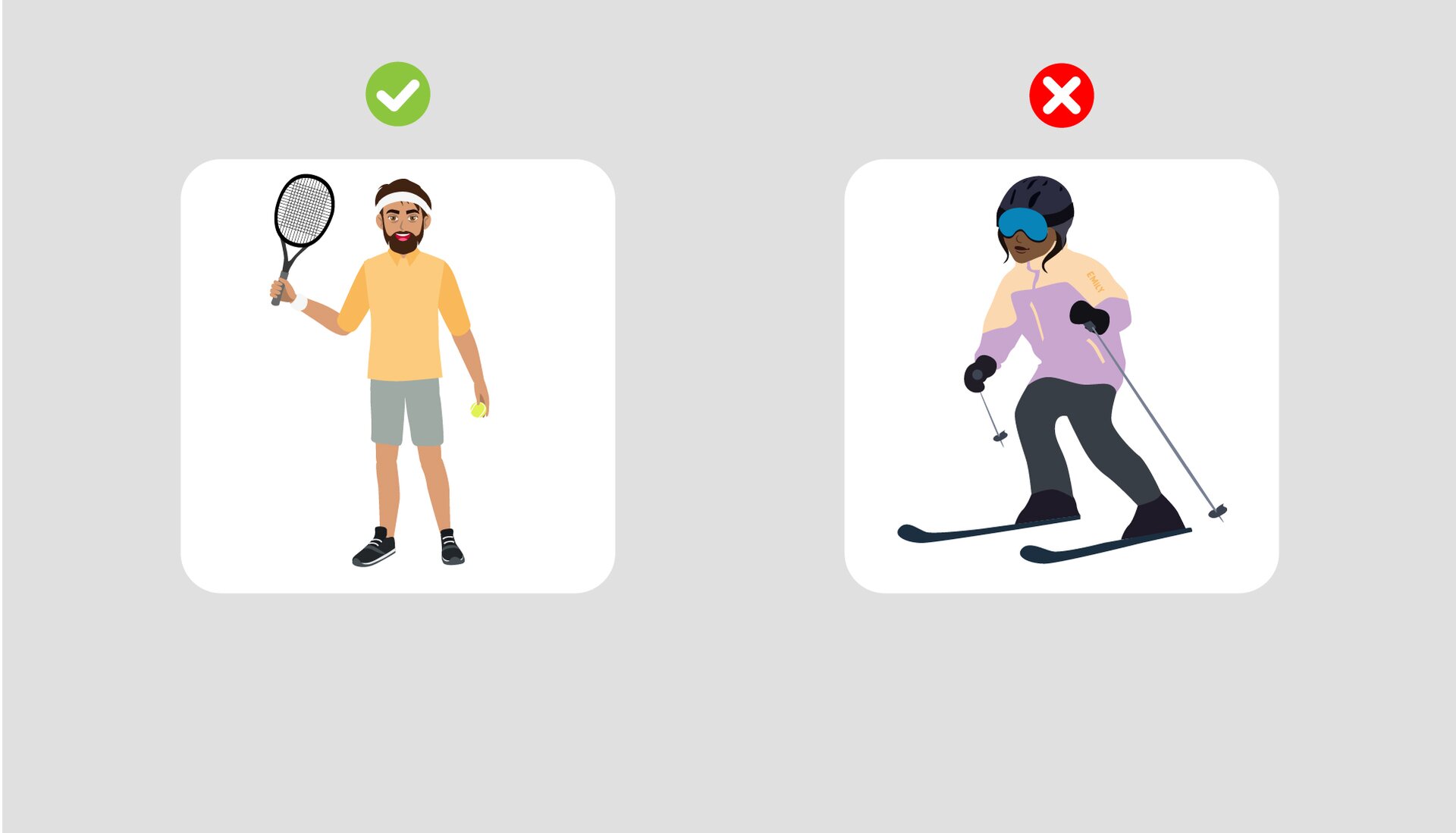 Grafika przedstawiająca dwa rysunki - mężczyznę z paletą do tenisa w dłoni i zielony ptaszek nad nim oraz osobę jeżdżącą na nartach i czerwony krzyżyk nad nią.