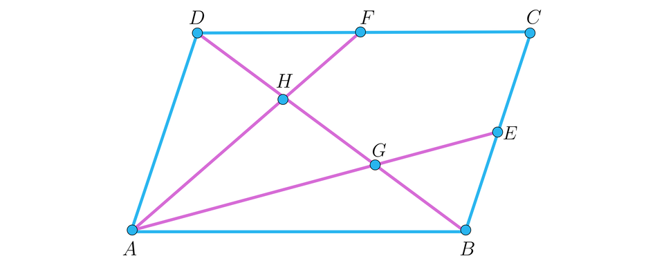 Na ilustracji przedstawiono równoległobok A B C D. Zaznaczono punkt F stanowiący środek boku D C, oraz punkt E stanowiący środek boku B C. Zaznaczono przekątną  B Drównoległoboku. Wierzchołek A połączono z punktem F i E, przecinając przekątną kolejno w punkcie H i G.