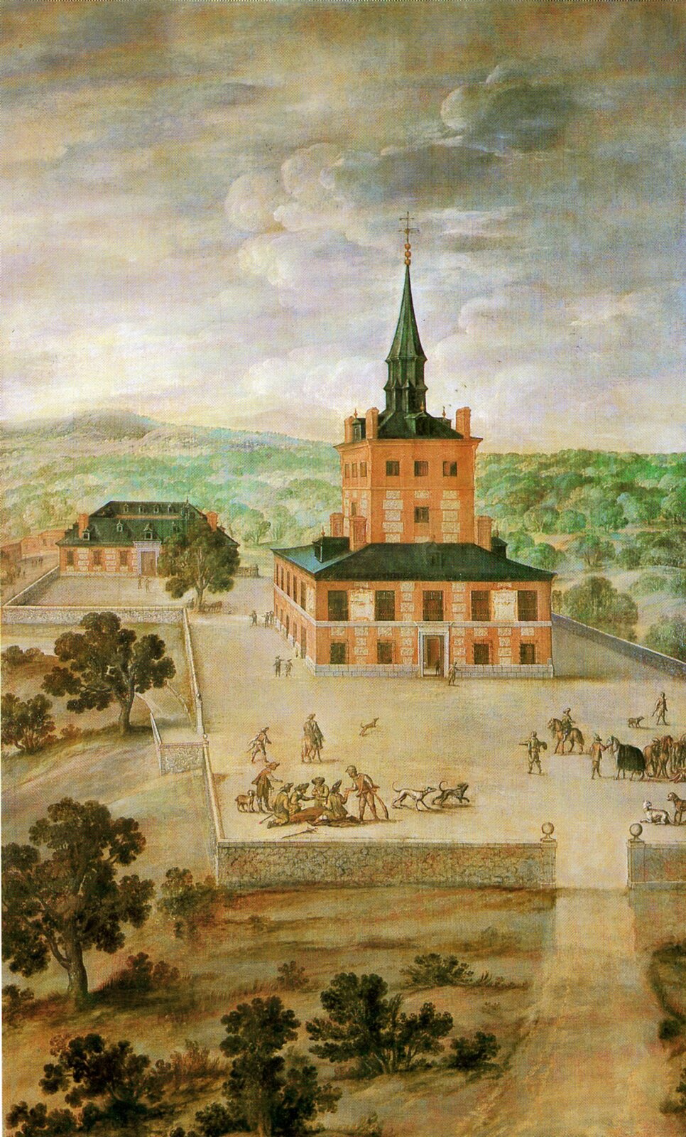 Ilustracja przedstawia obraz Félixa Castello „Widok na Torre de la Parada”. W centrum obrazu znajduje się tytułowy obiekt, otoczony murem, na pierwszym planie drzewa i droga. W tle las i wzgórza. Wokół budynku znajdują się ludzie oraz zwierzęta: psy i konie. Cała scena jest namalowana w ujęciu nieco z góry.