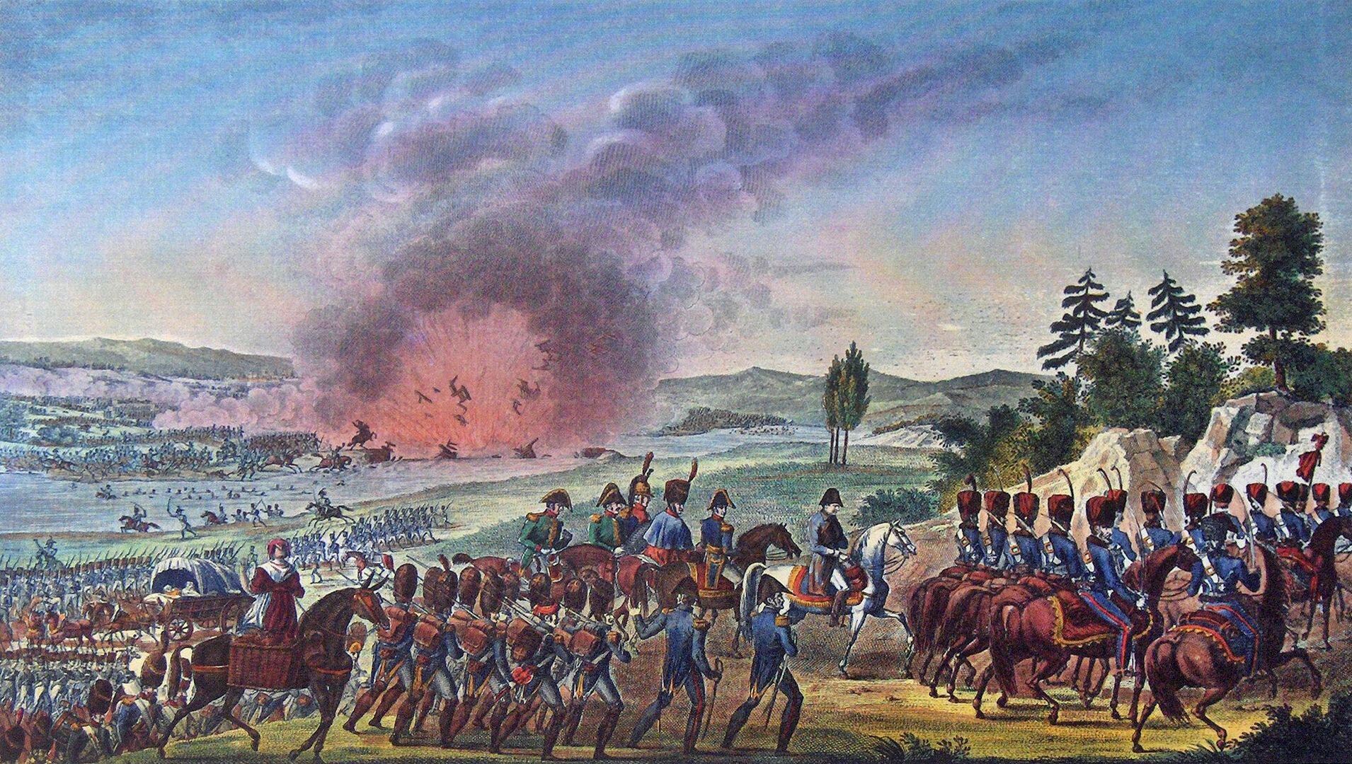 Obraz przedstawiający odwrót Napoleona na polu bitwy.