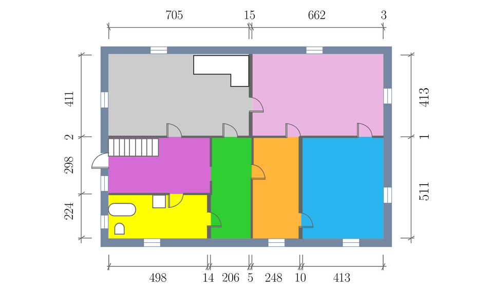 Ilustracja przedstawia plan mieszkania w kształcie prostokąta. Mieszkanie składa się z dwóch dużych prostokątnych pokojów zajmujących połowę powierzchni oraz pięciu mniejszych prostokątnych pomieszczeń. 