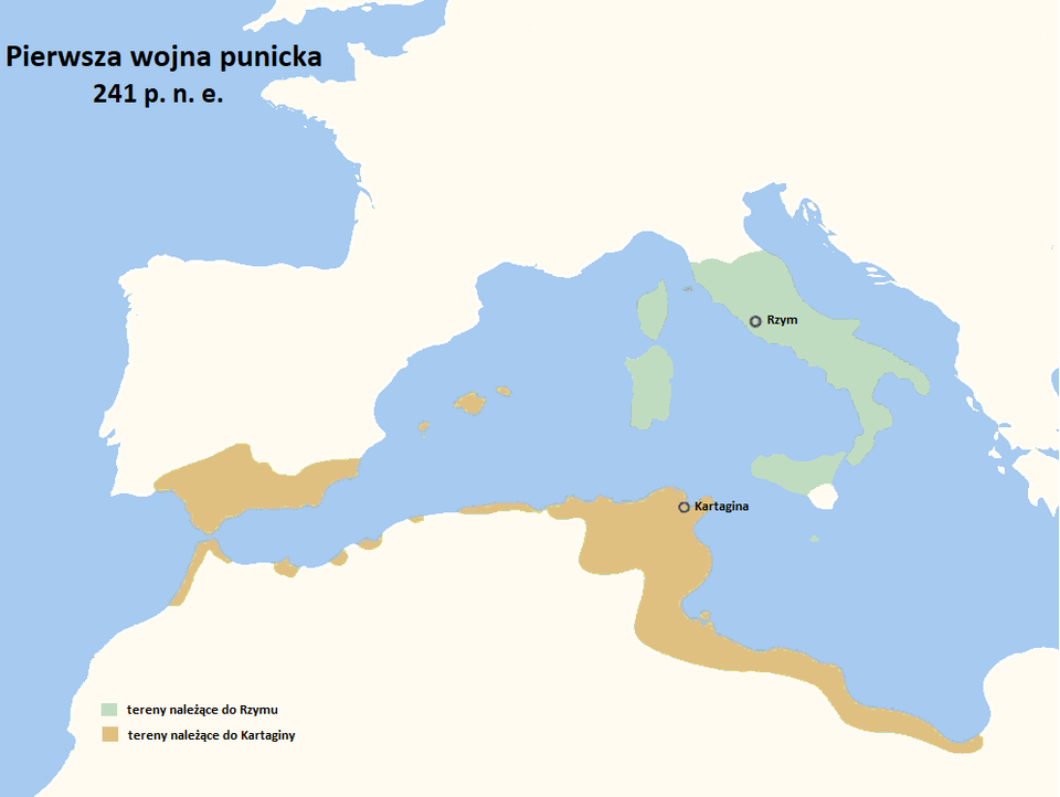 Ilustracja prezentuję mapę pierwszej wojny punickiej 264 p.n.e. Na mapie oznaczone zostały dwa rodzaje terenów. Tereny należące do Rzymy (wyznacza je oznaczone na mapie miasto Rzym) oraz tereny należące do Kartaginy (wyznacza je oznaczone na mapie miasto Kartagina). Do Rzymu należy środkowa i południowa część Włoch wraz z Sycylią i dwoma wyspami na wschód od wschodniego wybrzeża Włoch. Do Kartaginy należy południowe wybrzeże Półwyspu Iberyjskiego oraz północne wybrzeże Afryki i dwie maleńkie wysepki na zachód od wybrzeża Hiszpanii.