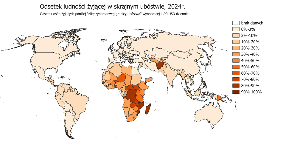 Na mapie świata zaznaczono kraje z odsetkiem ludności żyjącej w skrajnym ubóstwie w 2024 roku. Odsetek osób żyjących poniżej Międzynarodowej granicy ubóstwa wynoszącej 1,90 USD dziennie. Na mapie wyróżniają się kraje Afryki, w szczególności Demokratyczna Republika Konga,  Madagaskar i Mozambik oraz Afganistan w Azji z wynikami ponad 80%. Następnie Burundi, Etiopia, Malawi, Rwanda, Sudan Południowy, Zambia, Republika Środkowoafrykańska od 70% do 80%. Na dalszych miejscach są: Haiti, Niger, Rwanda - od 60% do 70%, Papua Nowa Gwinea, Republika Tanzanii, Uganda - od 50 do 60%. Burkina Faso, Timor Wschodni, Kenia, Lesotho, Sierra Leone, Zimbabwe od 40 do 50%. Większość krajów świata ma odsetek ludności żyjących w skrajnym ubóstwie - od 0 do 5%.     