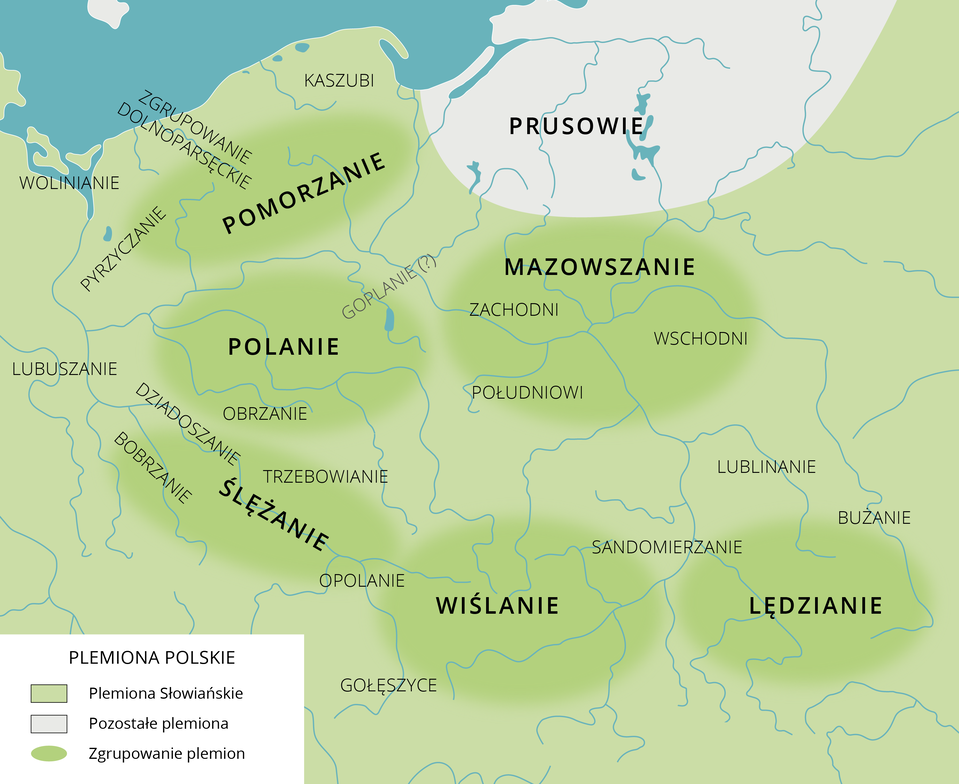 Mapa przedstawia fragment Europy środkowej, na której zaznaczono tereny zamieszkiwane przez poszczególne plemiona słowiańskie. Do największych plemion należeli Pomorzanie, Polanie, Mazowszanie, Lędzianie, Ślężanie oraz Wiślanie. 
