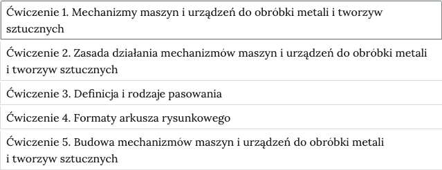 Ilustracja przedstawia listę składającą się z pięciu pozycji. Każda z nich jest obramowana. Ramka pierwszej pozycji została pogrubiona. Zawiera napis, ćwiczenie 1. Mechanizmy maszyn i urządzeń do obróbki metali i tworzyw sztucznych. W kolejnych znajdują się inne przykładowe zagadnienia.