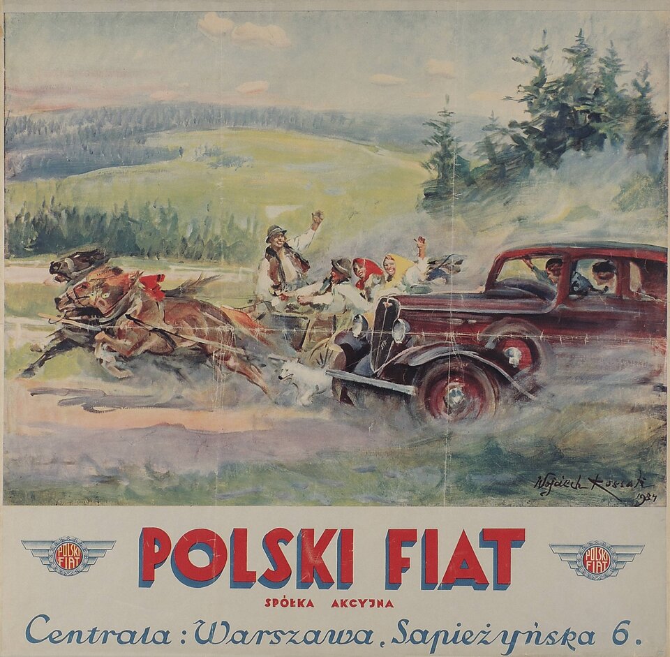 Ilustracja przedstawia plakat reklamowy. Znajduje się na nim jadący samochód, obok którego jedzie wiejski wóz ciągnięty przez dwa konie. W samochodzie jadą kobieta i mężczyzna, którzy machają ludziom na wozie. Kobieta kieruje samochodem. Na wozie są kobiety i mężczyźni ubrani w tradycyjne stroje ludowe. Również machają. W tle znajdują się wzniesienia i lasy. Pod spodem jest napis: Polski Fiat Spółka Akcyjna. Centrala: Warszawa, Sapieżyńska 6.