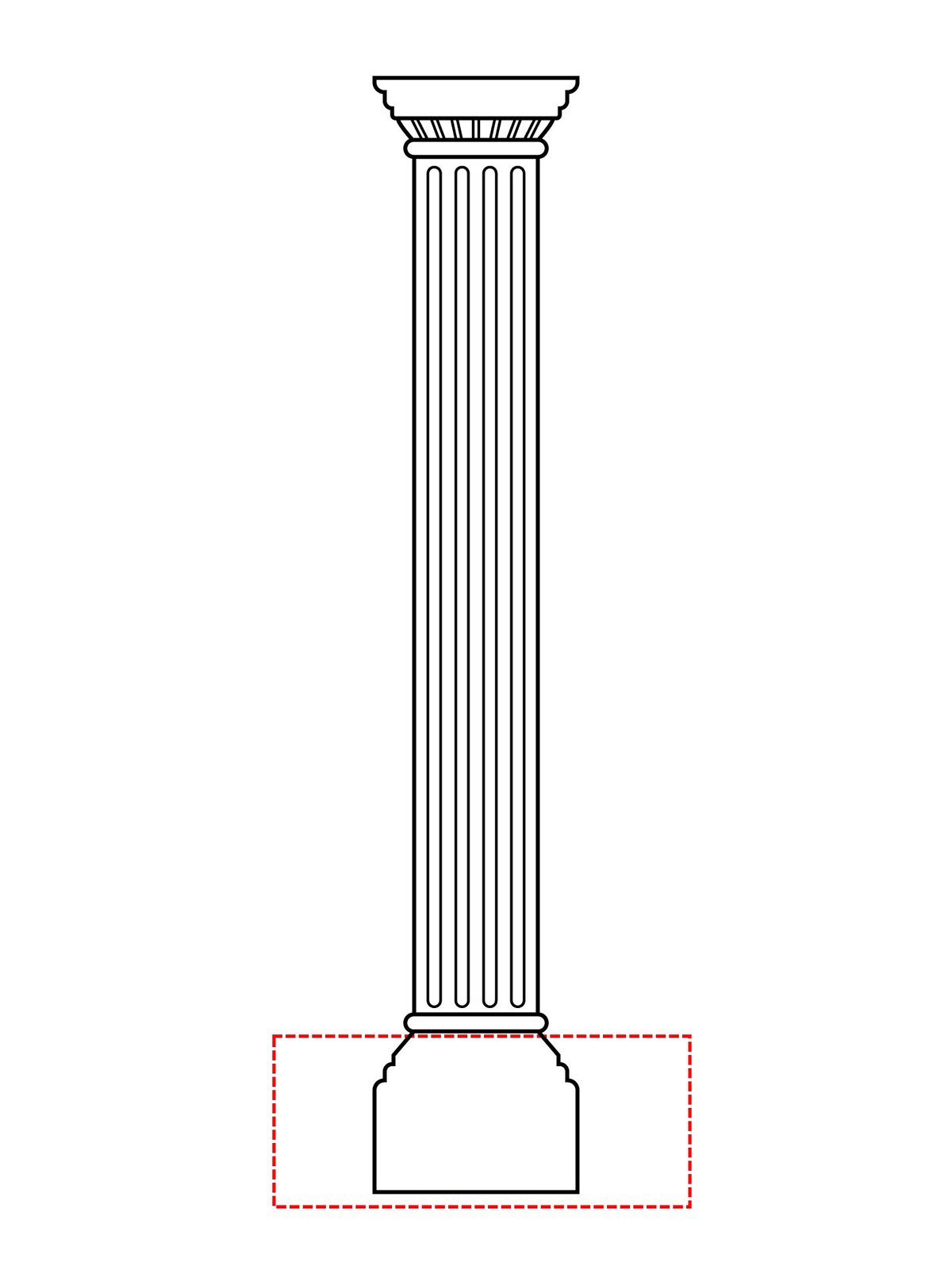 Czarno‑biała ilustracja przedstawia kolumnę - element architektoniczny służący jako podpora konstrukcyjna lub jako ozdoba. Kolumna ma żłobione ścianki. Kolorem czerwonym, za pomocą przerywanej linii oznaczono bazę kolumny. 