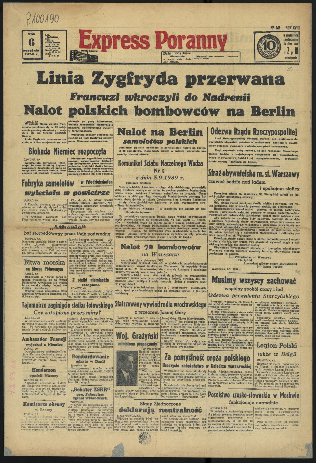 Pierwsza strona gazety warszawskiej „Express Poranny” z 6 września 1939 r. (zwróć uwagę na notki dotyczące Paryża i Londynu).