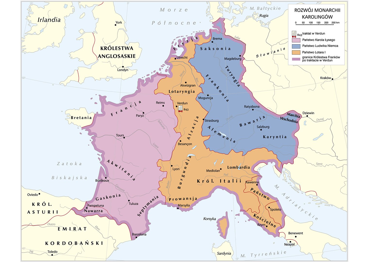 Grafika mapy przedstawiającej rozwój monarchii Karolingów.