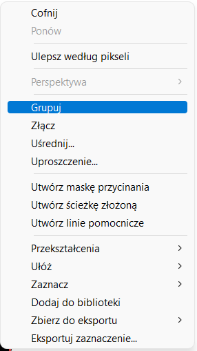 Zrzut ekranu przedstawia menu kontekstowe. Zaznaczona jest opcja podpisana Grupuj.