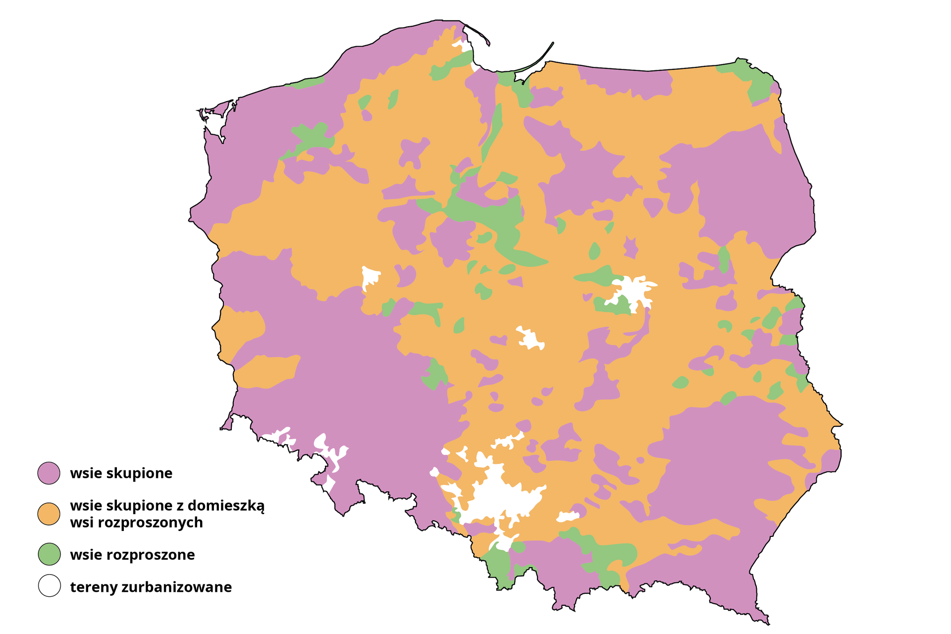 Mapa przedstawia rozmieszczenie wsi skupionych i rozproszonych w Polsce. Wsie skupione występują: na północno‑zachodniej granicy kraju, okolice Wrocławia, Leszna, Zielonej Góry, Opola, Wałbrzycha, Białegostoku, Łomży, Bielska‑Białej, Tarnobrzegu, Łomży, Krosna, Przemyśla. Wsie rozproszone z domieszką wsi rozproszonych znajdują się praktycznie w całym kraju.  Wsie rozproszone są we wszystkich częściach kraju.  Tereny zurbanizowane: okolice Warszawy, Poznania, Katowice. 